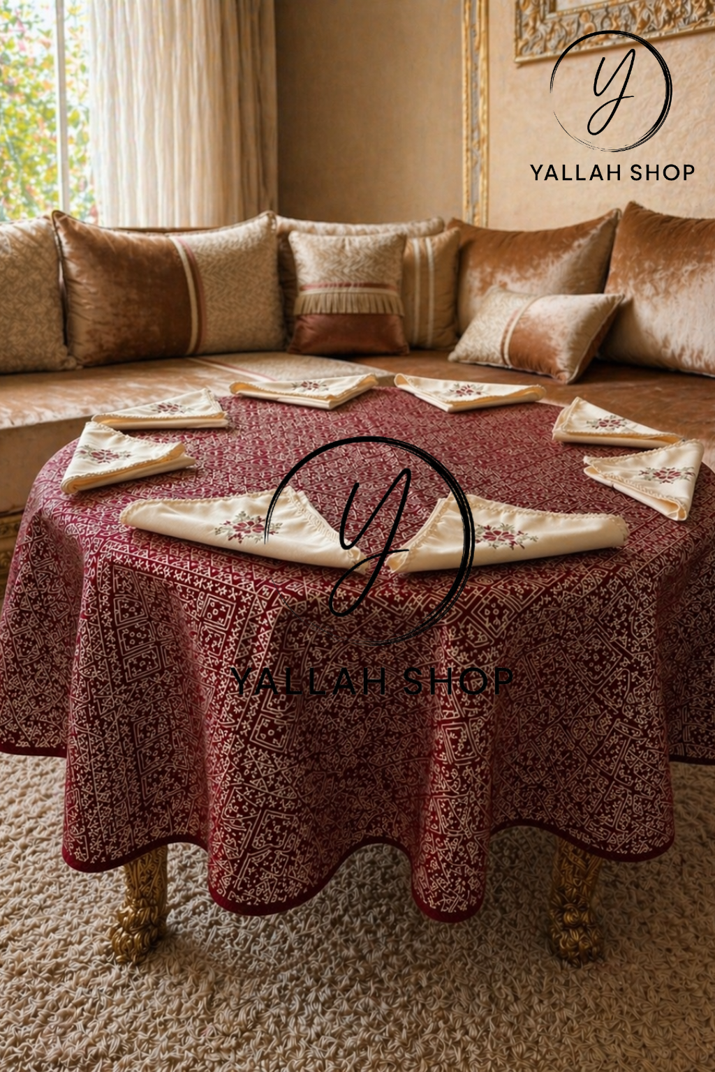 مفرش طاولة دائري فاخر 1.80 متر Nappe gherza + 8 serviettes