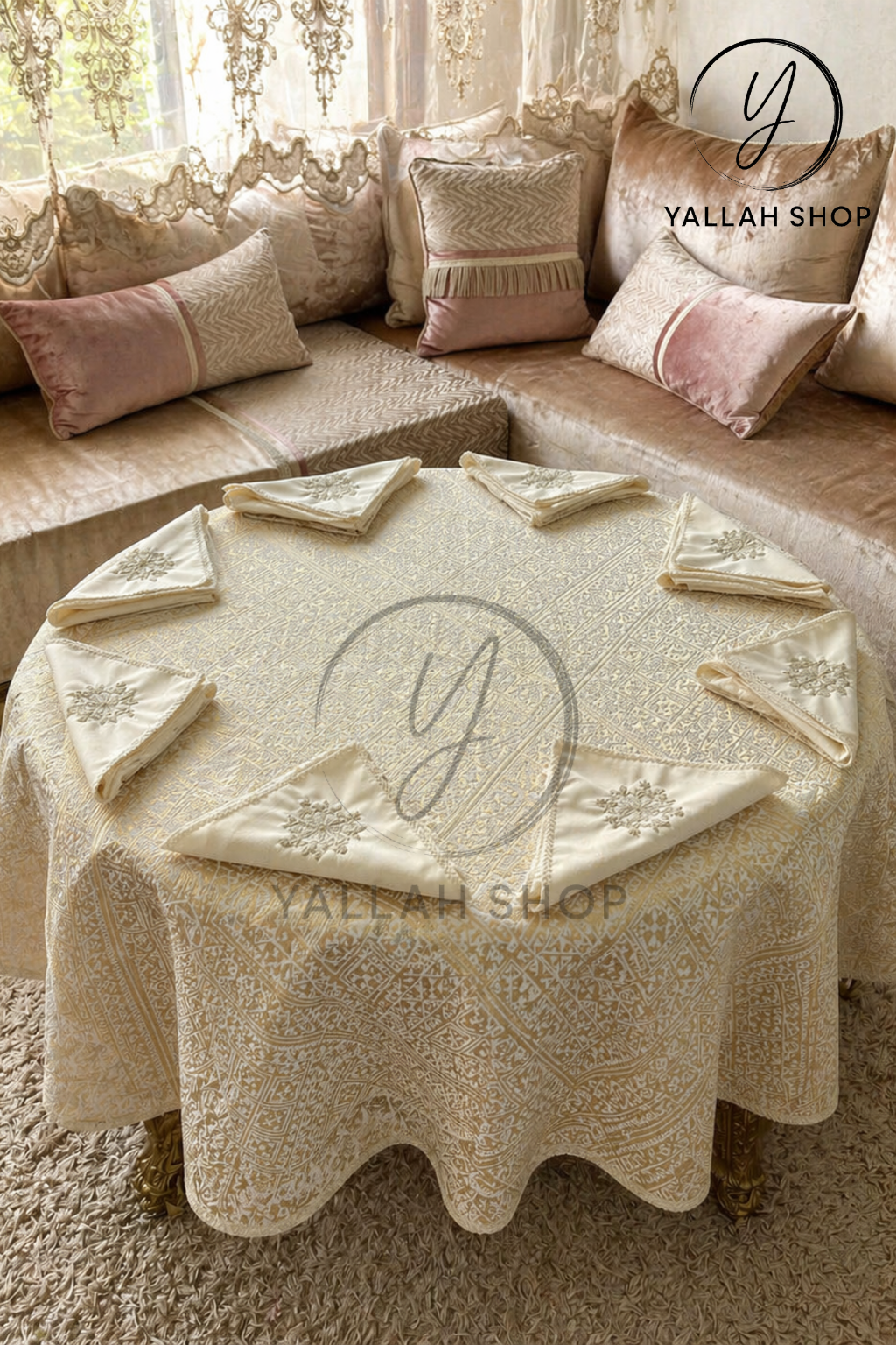 مفرش طاولة دائري فاخر 1.80 متر Nappe gherza + 8 serviettes