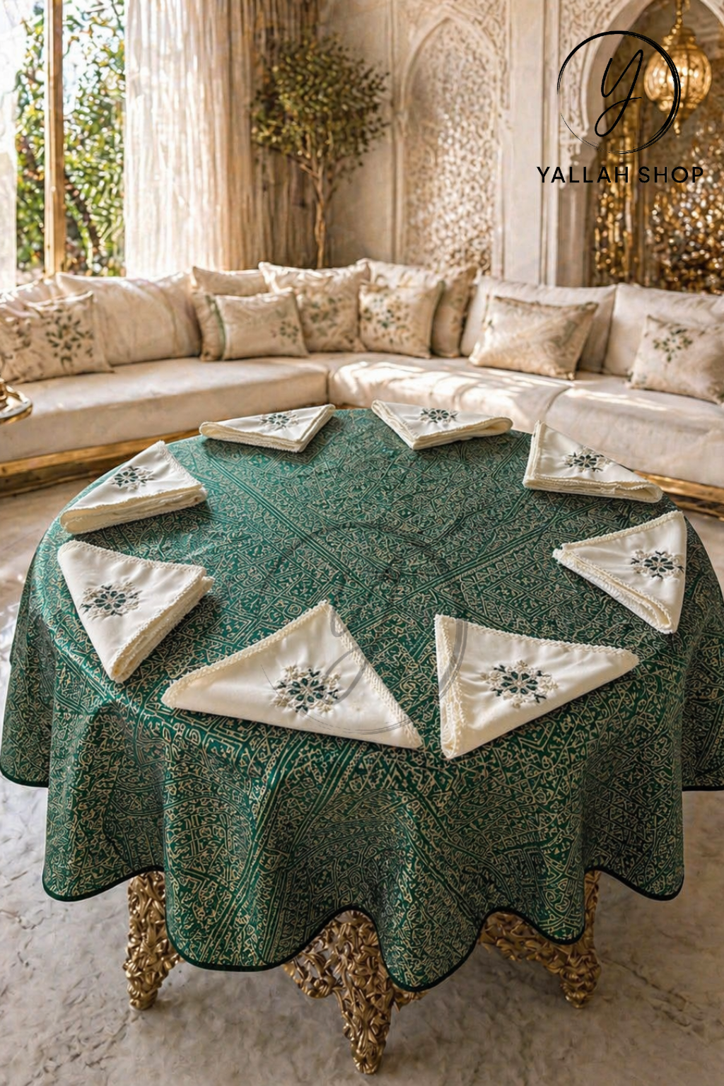 مفرش طاولة دائري فاخر 1.80 متر Nappe gherza + 8 serviettes