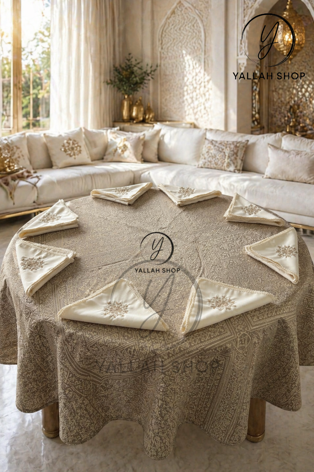 مفرش طاولة دائري فاخر 1.80 متر  Nappe gherza + 8 serviettes